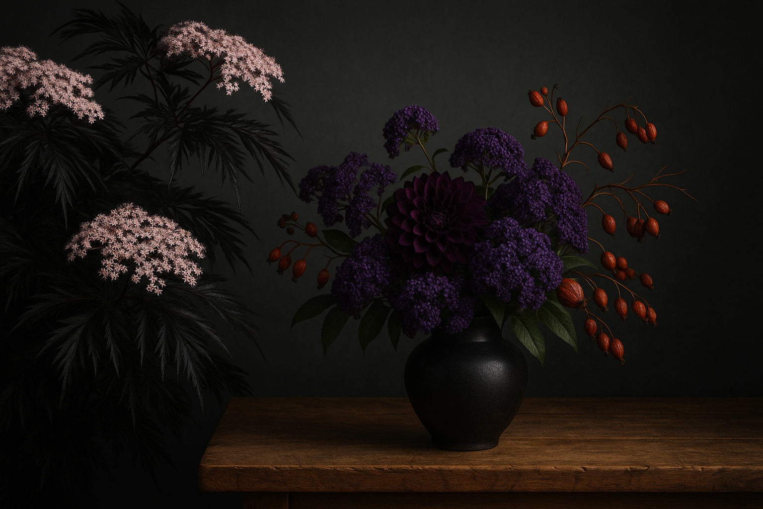 Can you craft a hero banner for the homepage in a similar the theme we've adopted but with black lace elderberry bush with it's pink blooms. Maybe incorporate a bouquet of black elderberry bush blooms with dahlia, heliotrope, dried rose hips on a butcher block counter.