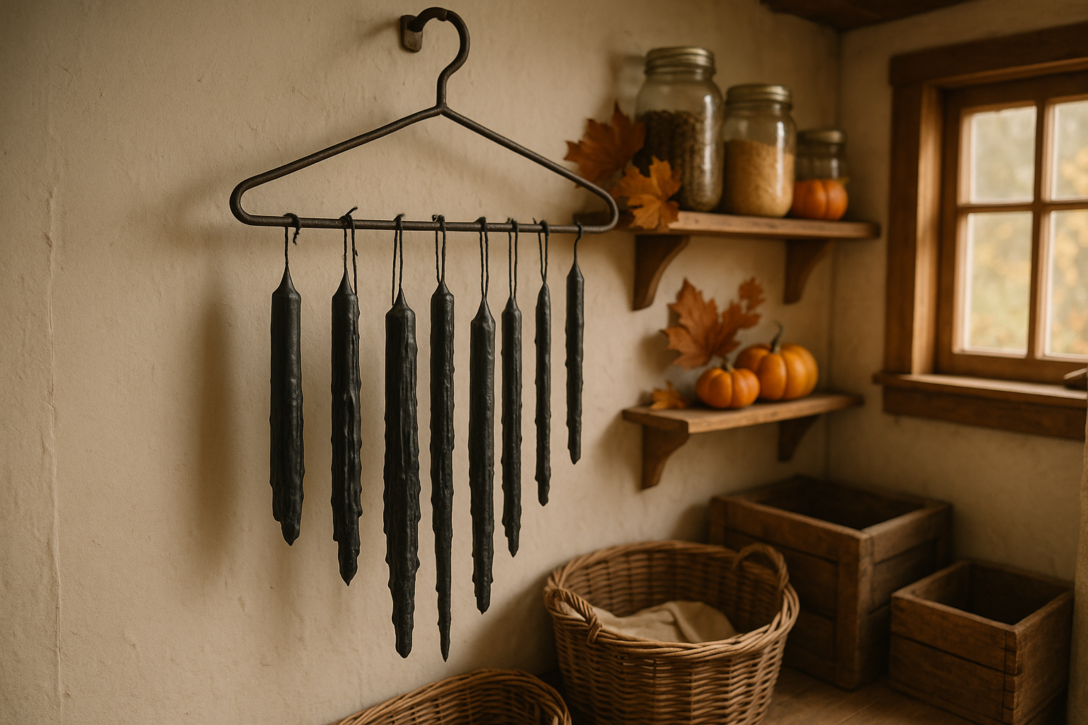 hand dipped black wax candles hanging from a metal clothes hanger on a white wall in a cottage utility room in the fall